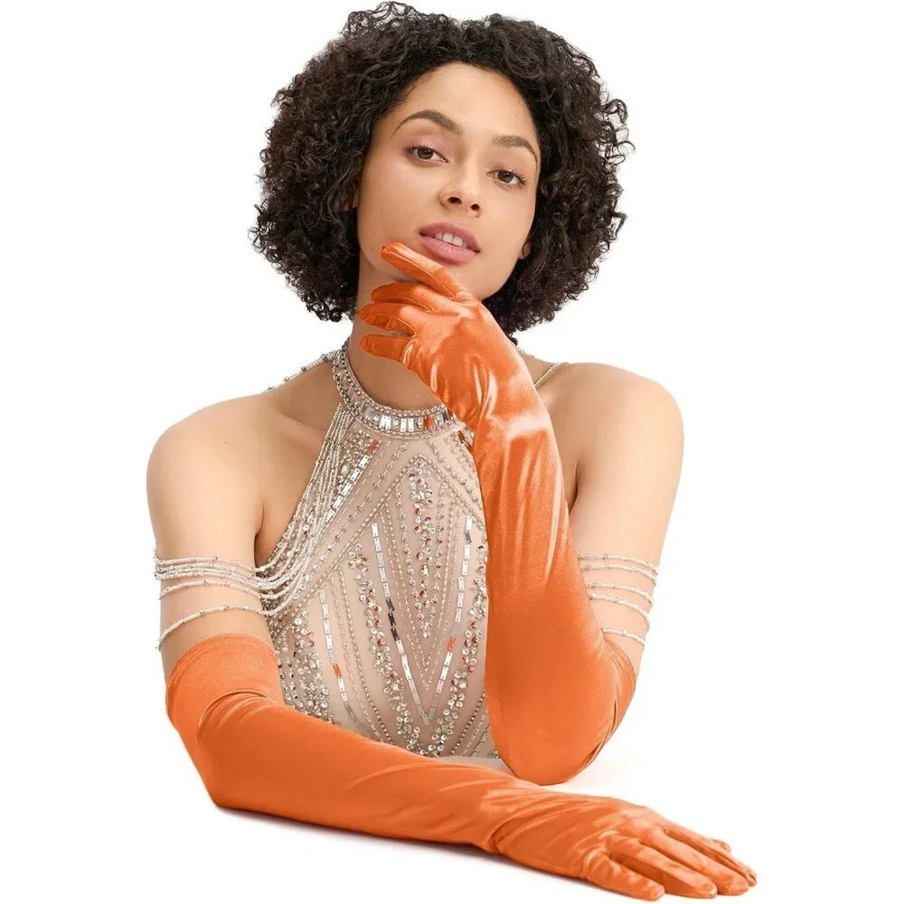Women's Evening Orange Long Satin Gloves Elbow Length Formal Party Prom Wear